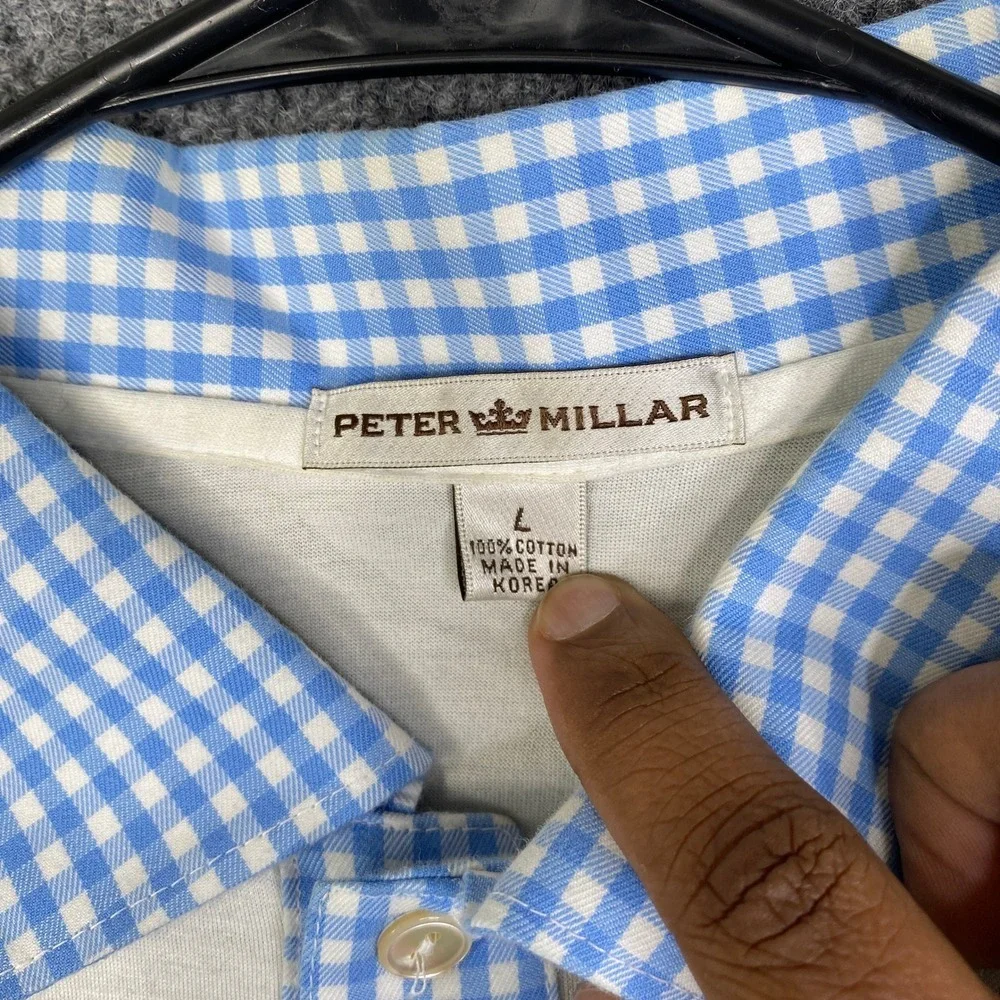 Peter Millar Pacific Dunes Mens L White Gingham Collar Cotton Golf Polo Shirt